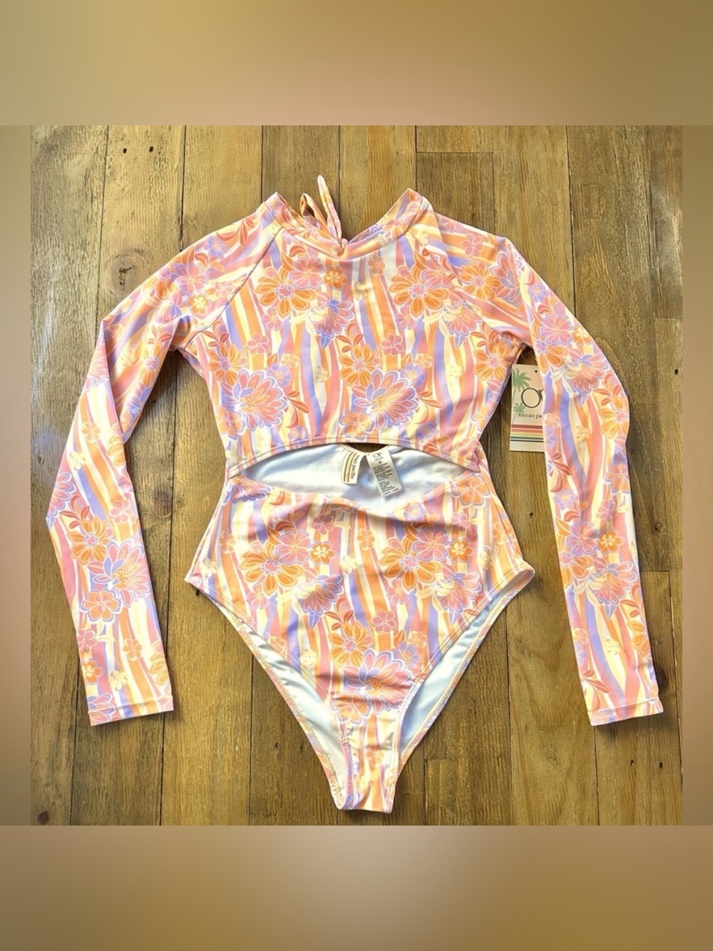 OP OCEAN PACIFIC Floral Retro Pattern Long Sleeve Swimsuit 70s Surfer